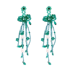 Handmade Woven Flower Tassel Drop Earrings Crystal Glass Bead Artificial Pearl Bohemian Exotic Oversized Wedding Party Jewelry Women