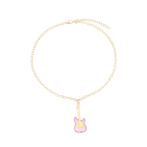 Chic gold-toned guitar pendant necklace with pink enamel and sparkling rhinestones