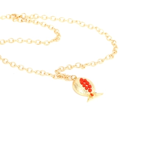 Retro gold alloy pomegranate pendant necklace with red seed beads on white background