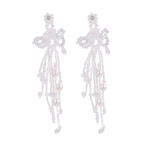 Handmade fringe drop earrings with white pearls and crystal beads in a floral weave design
