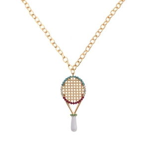 Golden necklace with a creative tennis racket pendant featuring colorful rhinestones