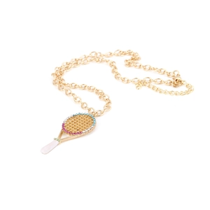 Golden tennis racket necklace with colorful rhinestones on a white background