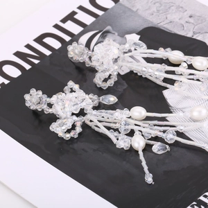 Exaggerated white crystal and pearl tassel drop earrings for elegant resort style