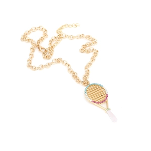 Golden tennis racket necklace with colorful zirconia crystals and thick link chain