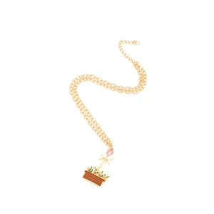 Halskette mit Blumenkorb-Anhänger, rosa Kristallherz und weißer Schleife auf Goldkette