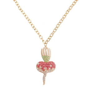 Charming golden carrot pendant necklace with vibrant pink and green crystal rhinestones