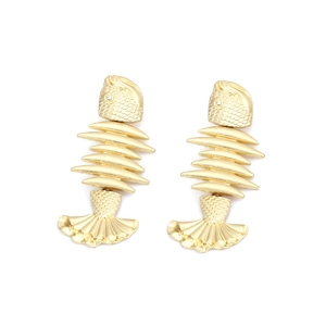 Vintage matte gold fishbone earrings with crystal eyes on a clean white background