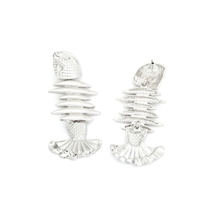 Detailed macro view of silver fishbone earrings with movable joints and butterfly back