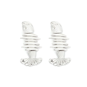 Exaggerated silver fish bone earrings with vintage aesthetic and rhinestone detail