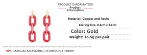 Detail view of red resin chain earrings with dimensions and copper clasps