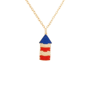 Elegant gold chain necklace with a red, white, and blue beaded lighthouse pendant