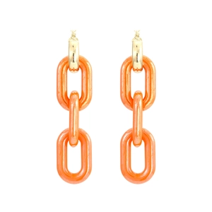 Long drop earrings featuring gold metal hoops and three linked orange resin chain rings