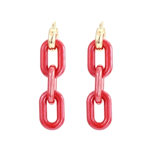 Long candy-colored red resin chain drop earrings with elegant golden metal hoops