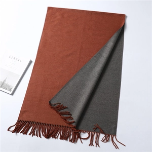Detail view of double-sided fringe scarf in burnt orange and dark grey cashmere texture