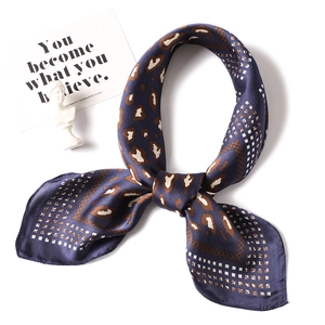 Classic leopard and polka dot pattern navy silk satin square scarf for women