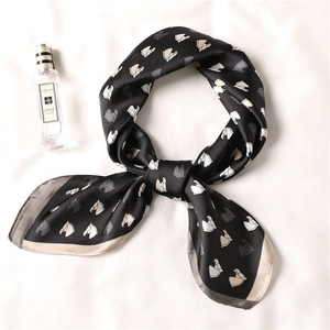 Elegant black satin square scarf with horse head print and champagne border detail
