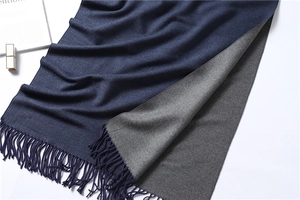 Detailed knit texture of navy and dark grey double-sided scarf with elegant long fringes