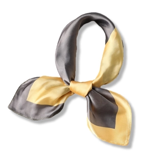Foulard quadrato in seta bicolore grigio e oro con nodo a cravatta elegante