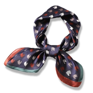 Silk neckerchief with equestrian horse head pattern and contrast border on white backdrop