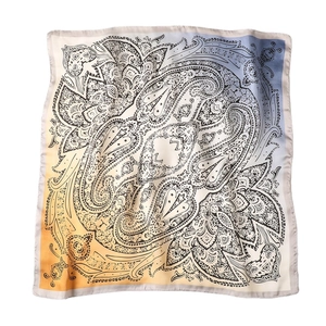 Satin paisley silk scarf with blue and orange gradient design for women, 70x70cm square