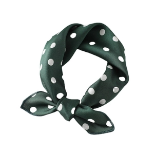 Dark green satin square neck scarf with white polka dot pattern for women