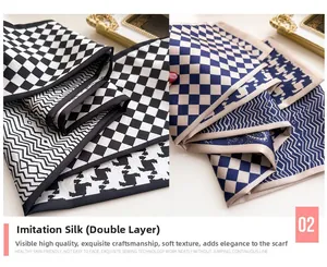 Detail of double-layer faux silk scarves featuring checkered and houndstooth patterns
