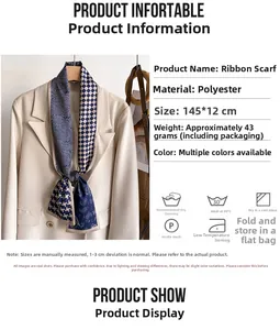 Detail of navy polyester scarf with geometric plaid and paisley patterns, 145x12cm size