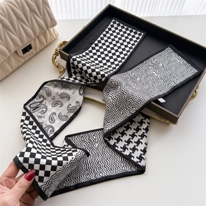 Elegant black and white geometric pattern skinny silk scarf for hair and bag accessories