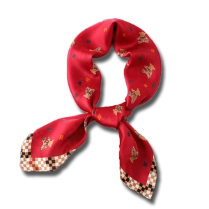 Red silk scarf with cute bear print and checkerboard border 70x70cm elegant neckerchief