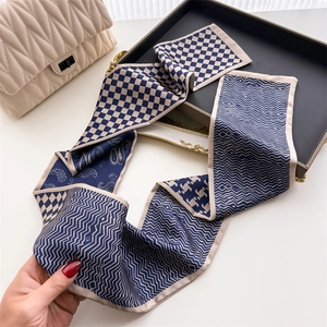 Navy and beige geometric patchwork skinny silk scarf with houndstooth and paisley prints