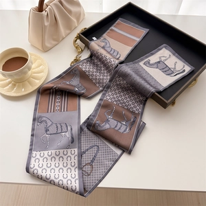 Equestrian print narrow silk scarf with horse and stirrup pattern for bags or hair