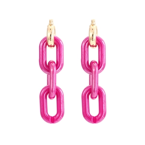Fuchsia resin chain link earrings with golden hoops in a minimalist long dangle style