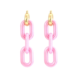 Pink candy-colored resin chain earrings with gold rings on a clean white background