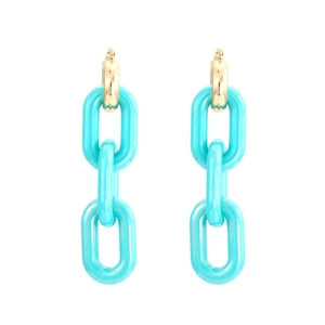 Close-up of triple-link candy color resin earrings with gold metallic hoops