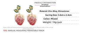 Detailed view of sparkling strawberry drop earrings with dimensions 5.0cm by 2.4cm