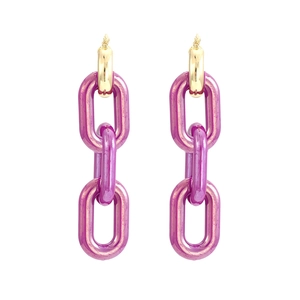 Close-up of dangling candy-colored chain earrings with gold hoops and purple metallic links