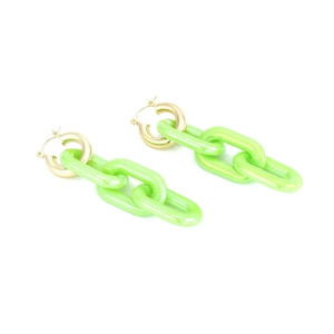 Detail of neon green resin chain drop earrings with polished gold metal hoop clasp