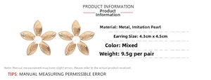 Detailed size specifications for gold metallic flower earrings with faux pearl centers