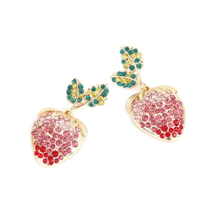 Sparkling strawberry drop earrings with colorful crystals on a gold-plated base
