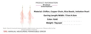 Detail of pink chiffon petal tassel earrings with gold copper chain and pearls, size 17x4cm