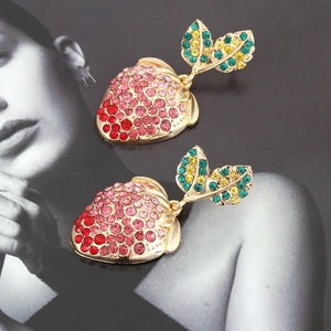 Chic strawberry drop earrings with colorful crystals and gold-plated alloy base