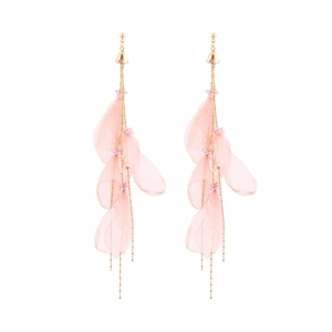 Long pink chiffon petal tassel earrings with gold chain and beads for women