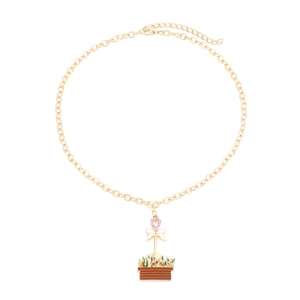 Halskette aus goldener Legierung mit Blumenkorb-Anhänger und rosa Kristallen