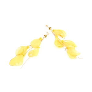 Detail of light yellow chiffon petal earrings with pearls and gold metal hooks