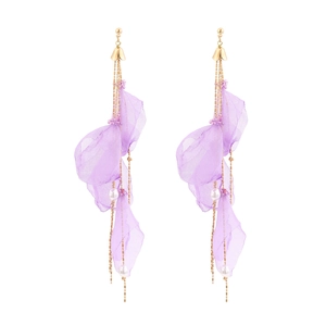 Long purple chiffon petal earrings with gold chain tassels and white pearls