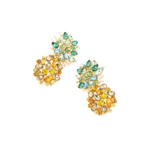 Tropical crystal pineapple drop earrings with multi-color rhinestones and gold plating
