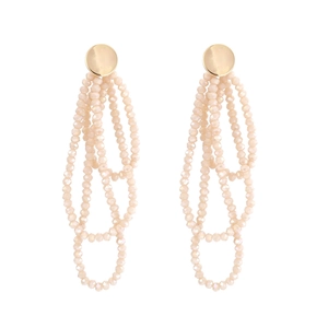 Bohemian long beaded tassel earrings with beige crystals and gold stud fastener