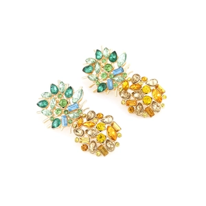 Colorful pineapple drop earrings with sparkling rhinestones and golden leaf design