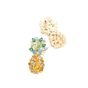 Fashionable pineapple drop earrings with colorful crystals and gold metal setting
