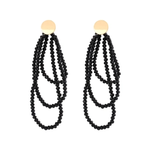 Bohemian long tassel earrings with gold metal studs and tiered black crystal glass beads